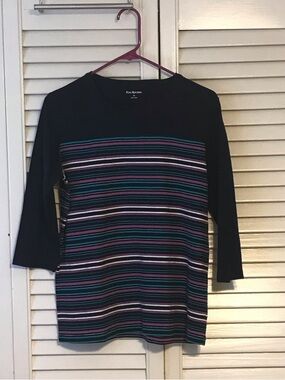 Kim Rogers Navy Striped Long Sleeve Tee with Teal and Purple Accents
